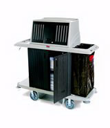View: 9T19 Full Size Housekeeping Cart with Doors, Vinyl Bag, Bumpers, Vacuum Holder, Under Deck Shelf and Hood